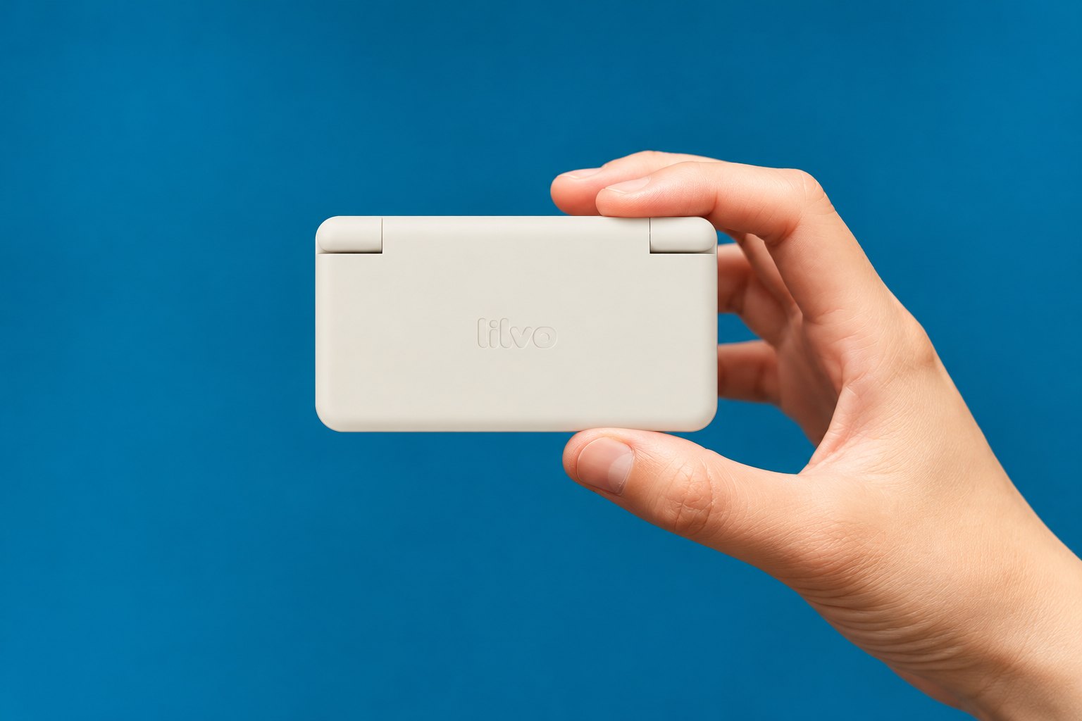 lilvo DS Micro, closed, held between a thumb and two fingers against a blue background