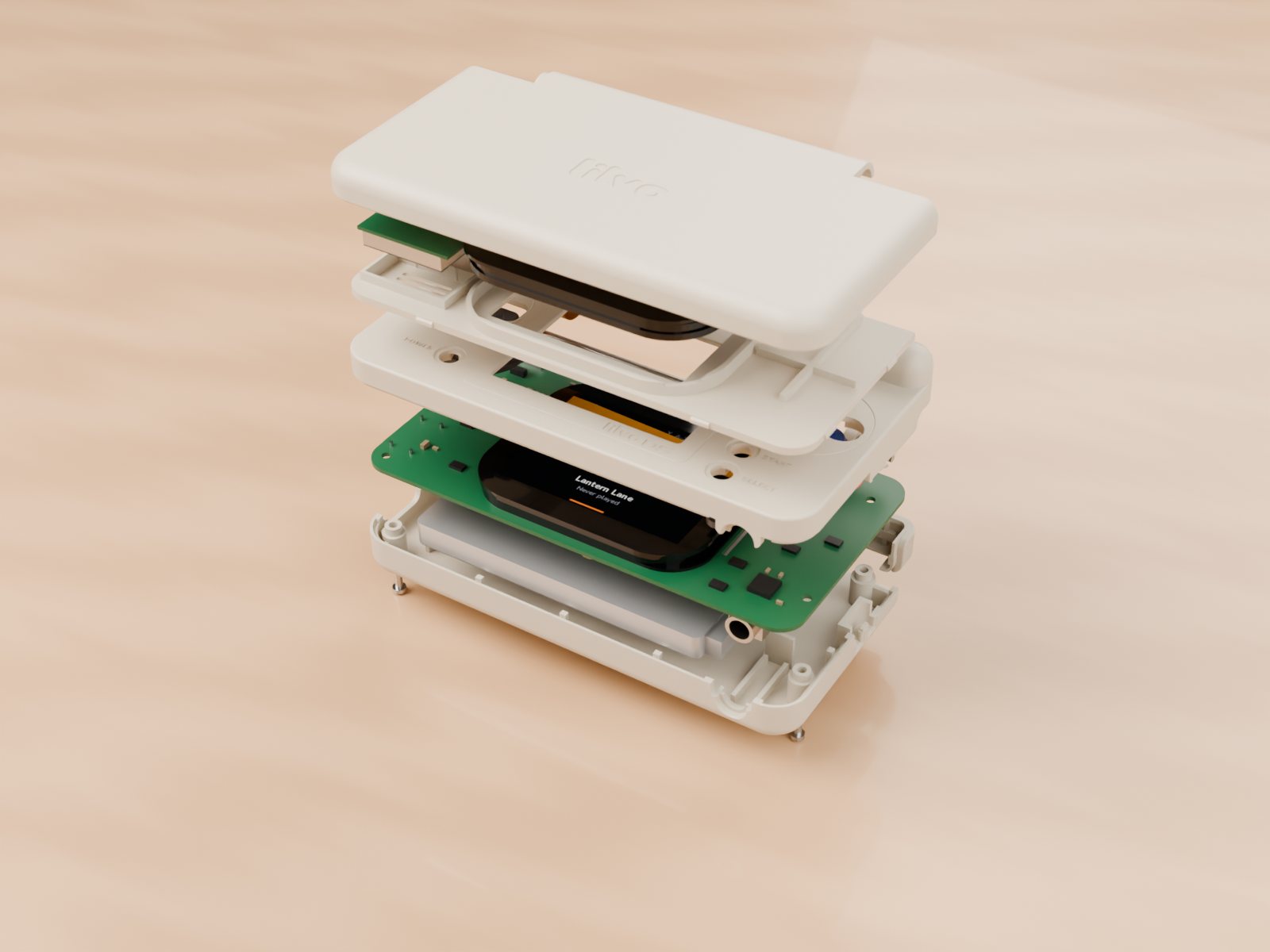 Exploded render from the front right