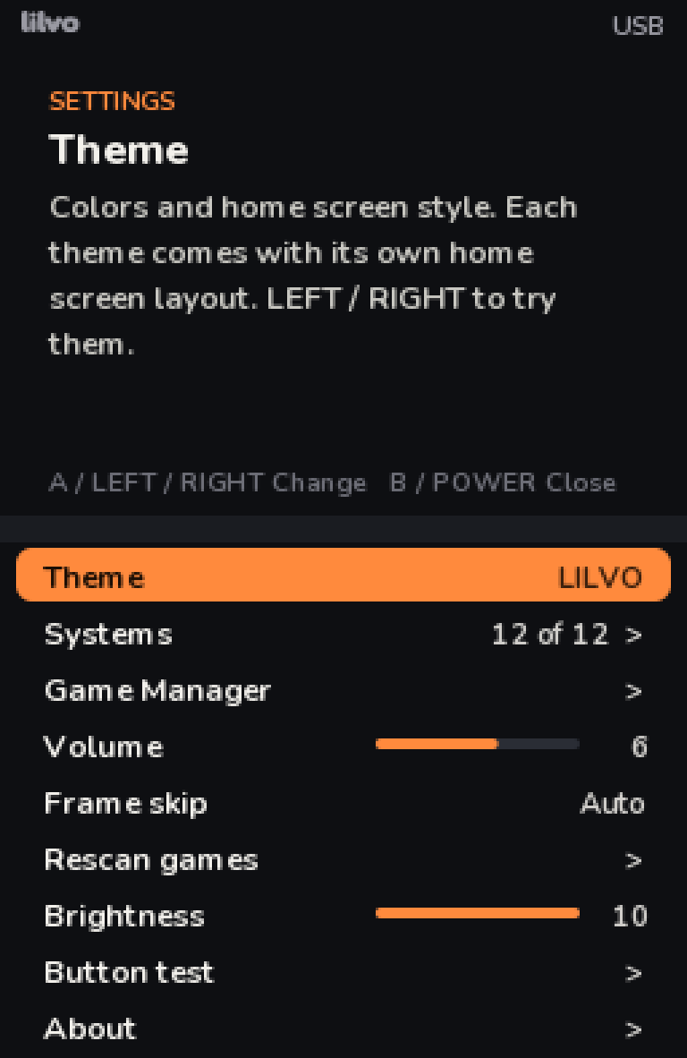 Settings screen