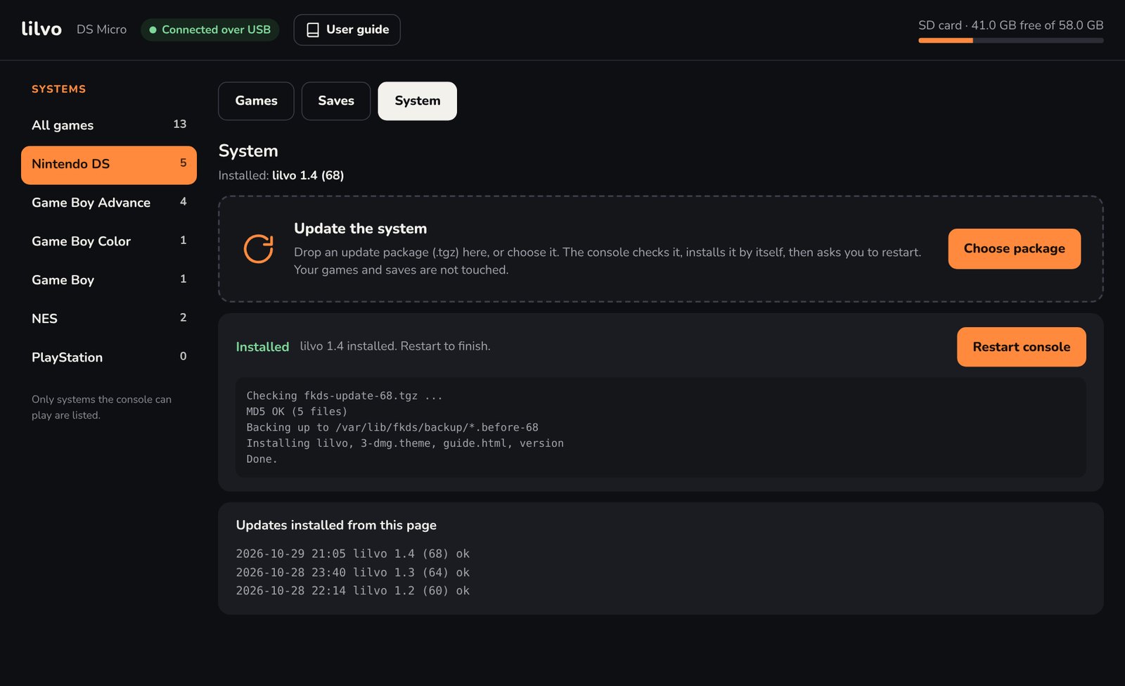 System tab with an installed update and update history